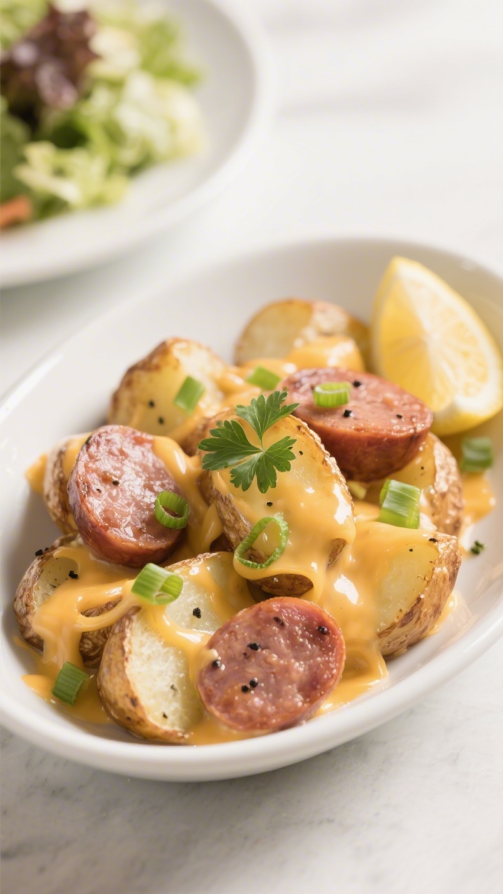 Final plated dish: Restaurant-quality presentation of Cheesy Ranch Potatoes and Smoked Sausage spoon