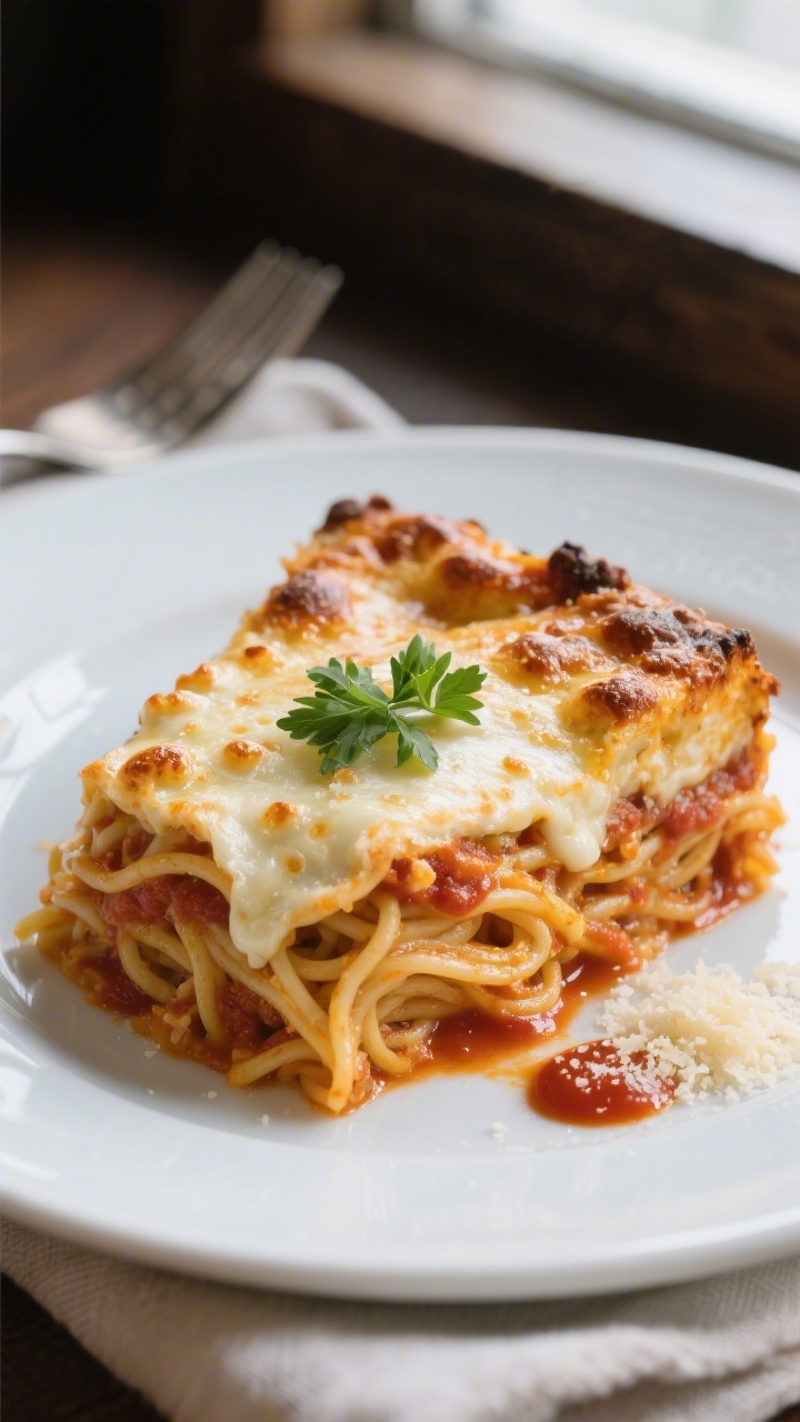 Final plated glamour: Beautifully baked “Million Dollar Baked Spaghetti” slice plated on a white