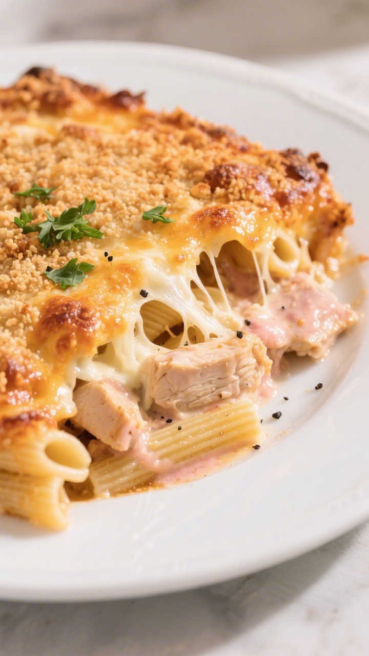 Final plated hero: Cheesy Chicken Pasta Bake just out of the oven with a deeply golden, bubbly top a