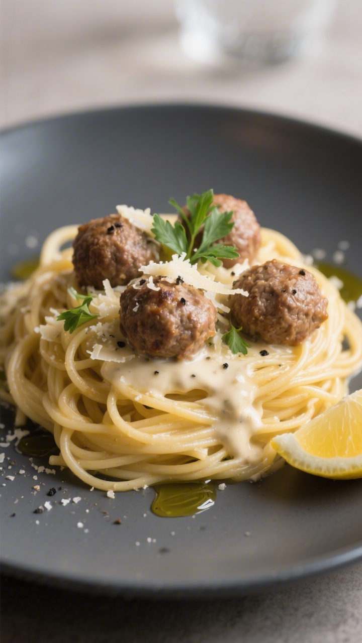 Final plated hero: Restaurant-quality presentation of creamy spaghetti with meatballs twirled into a