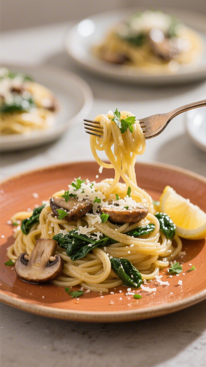 Final plated hero shot: Beautifully plated Mushroom and Spinach Spaghetti on a warm-toned ceramic pl
