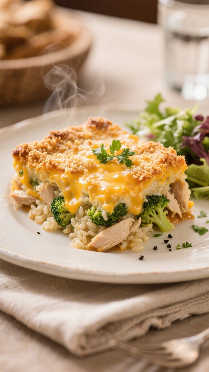 Final plated presentation: A generous square of baked Cheesy Broccoli Chicken and Rice Casserole on 