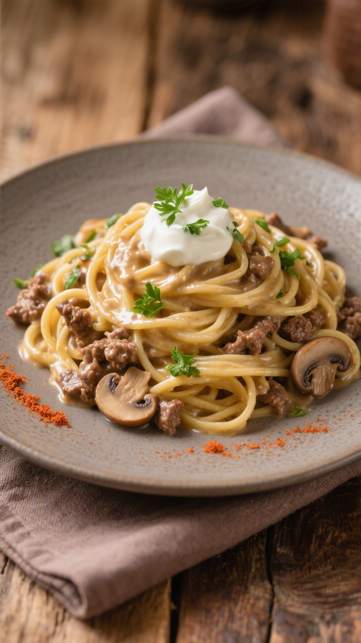 Final plated presentation: Restaurant-quality plate of Easy Ground Beef Stroganoff twirled into a ne