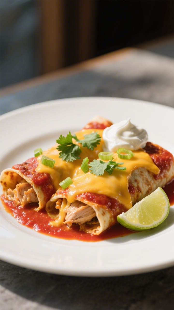 Final plated presentation, : Two saucy chicken enchiladas on a matte white plate, topped with melted