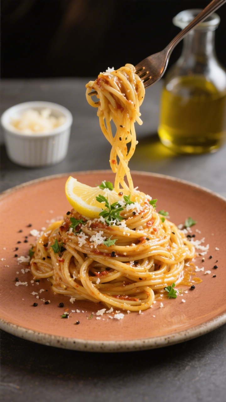 Final plated, restaurant-style presentation: Single elegant portion of Spicy Garlic Butter Spaghetti