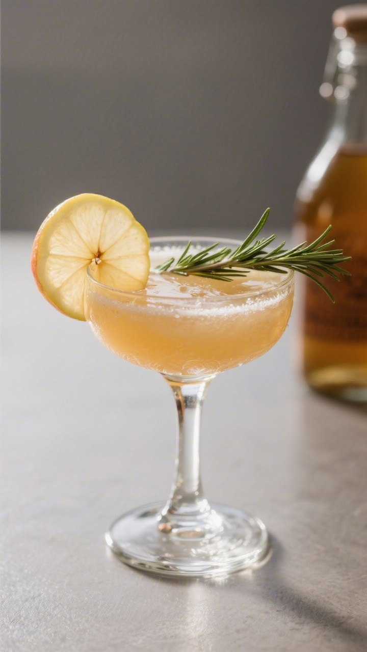 Final presentation: Elegant coupe of Rosemary Apple Cider Gin Cocktail served up, crystal-clear and 