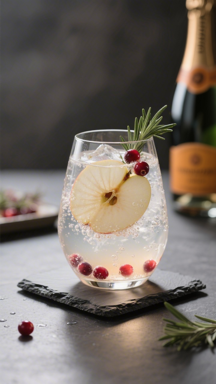 Final presentation hero: Single elegant stemless wine glass of the finished spritz on a slate coaste