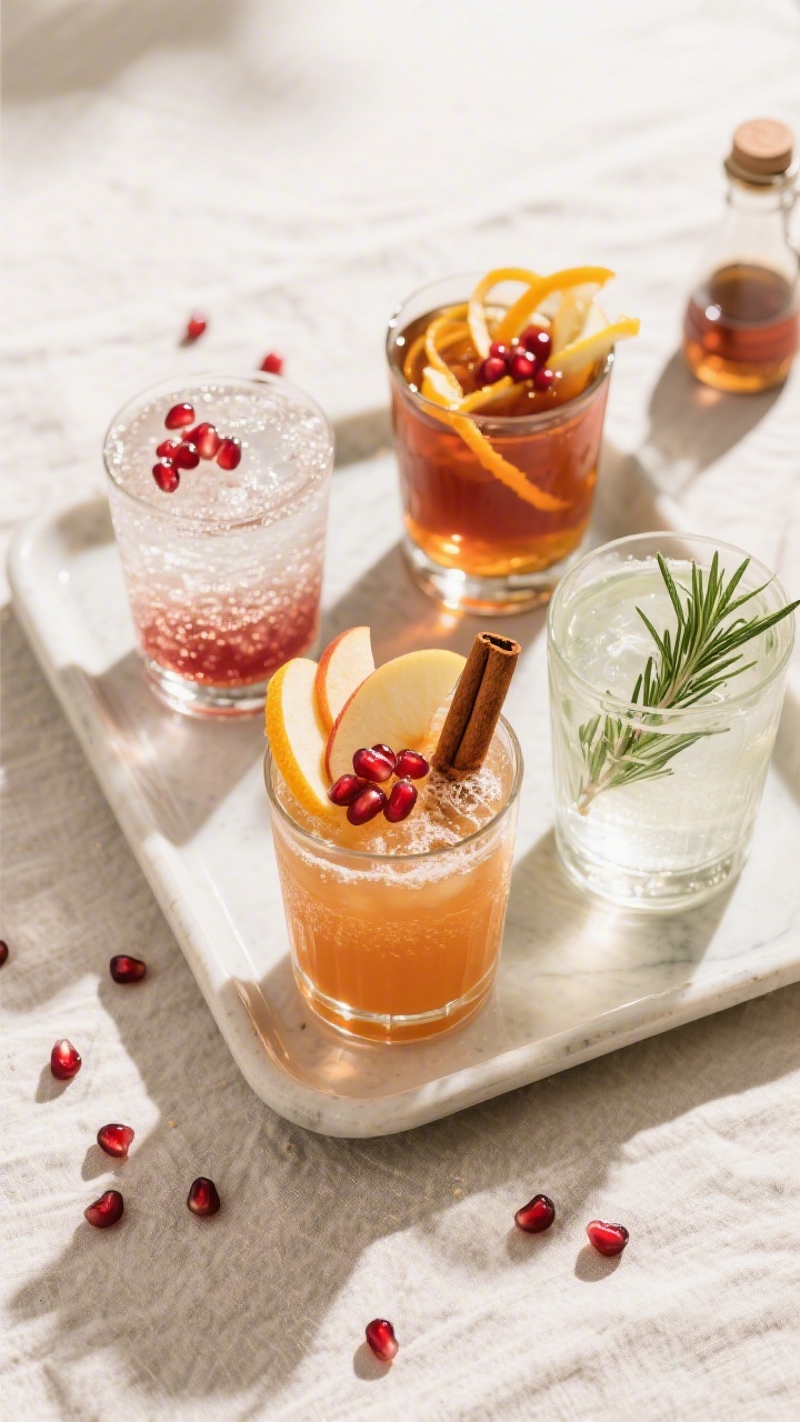 Final presentation, party-ready: Tasty top view of a small tray of three finished cocktails showing