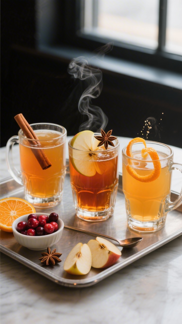 Final presentation: Restaurant-quality lineup of three heatproof glass mugs filled with spiked cider