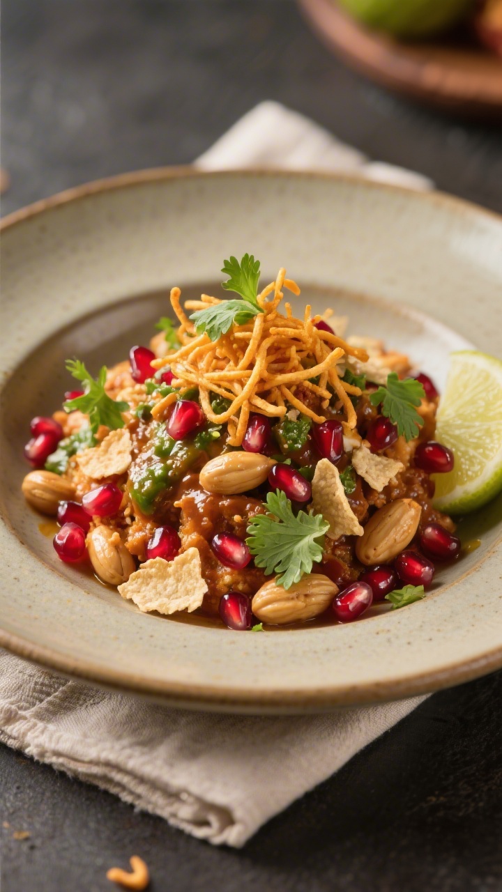 Final presentation: Restaurant-quality plated Peanut Chaat in a shallow ceramic bowl, beautifully mo