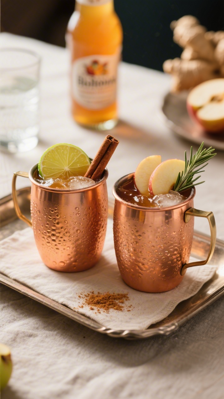 Final presentation, restaurant-quality plating: Two Maple Apple Cider Mules side by side for a gathe