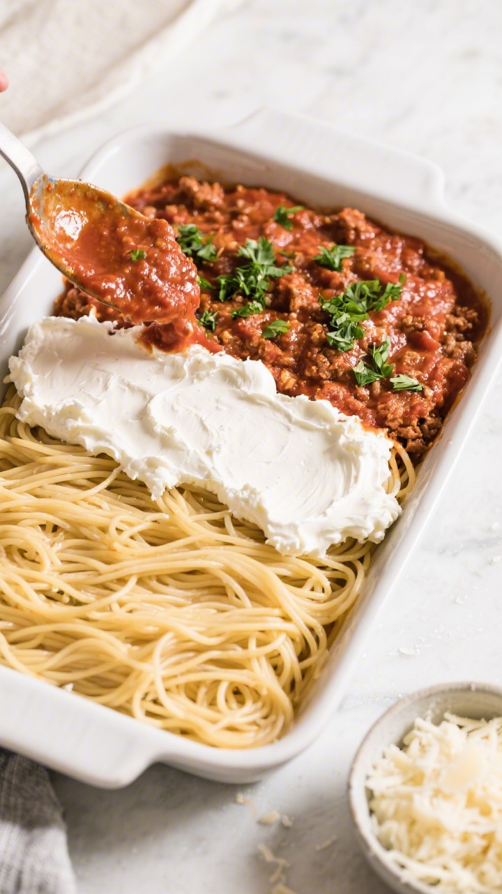 Layering moment, casserole detail: Overhead shot of a 9x13 baking dish mid-assembly—half the sauce