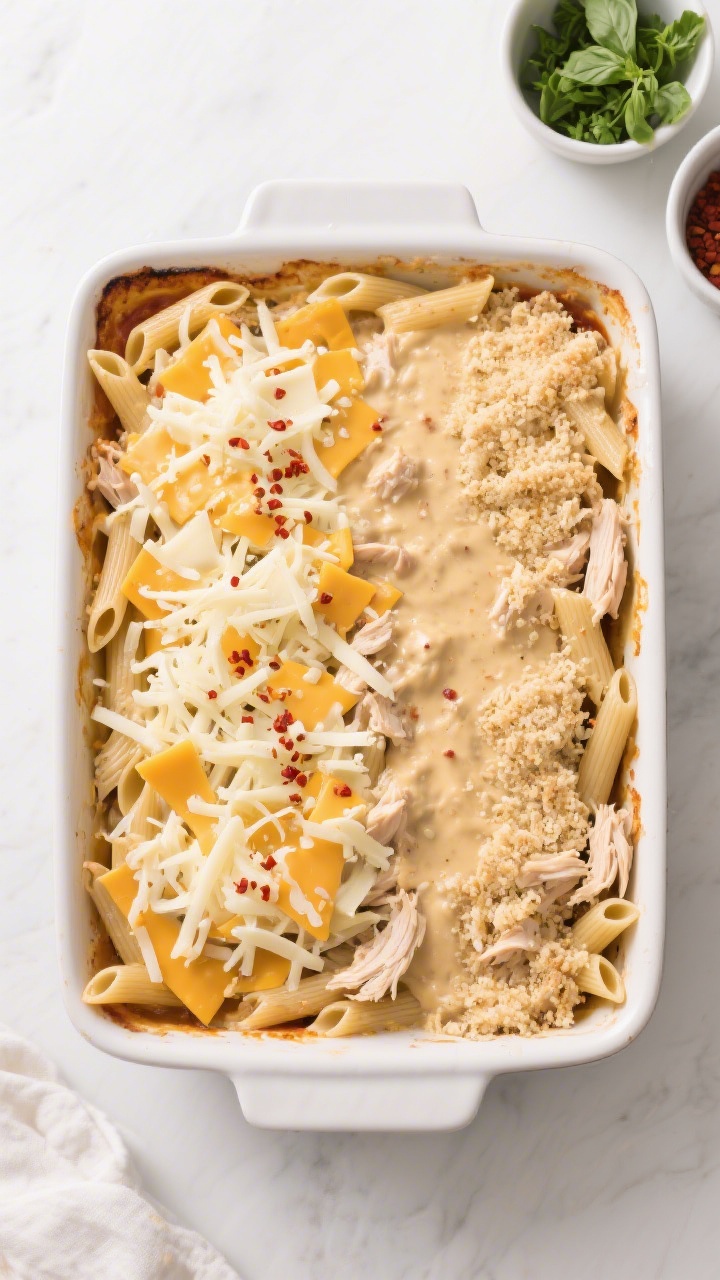 Overhead “assemble and bake” shot: 9x13 baking dish filled with the combined penne, shredded chi