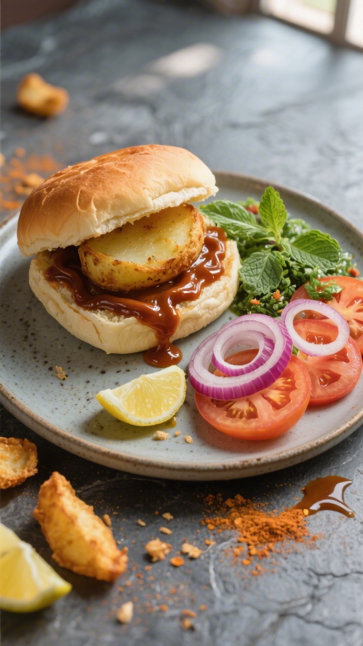 Overhead “street-food style” presentation: a soft bun layered with one Potato Crisper inside, gl