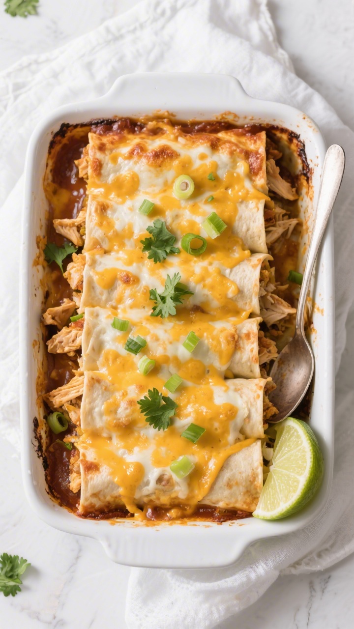 Overhead, tasty top view: 9x13 pan of freshly baked chicken enchiladas just out of the oven, cheese 