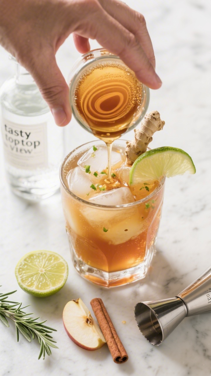 Overhead “tasty top view” process shot: The built base in a chilled rocks glass—vodka, fresh a