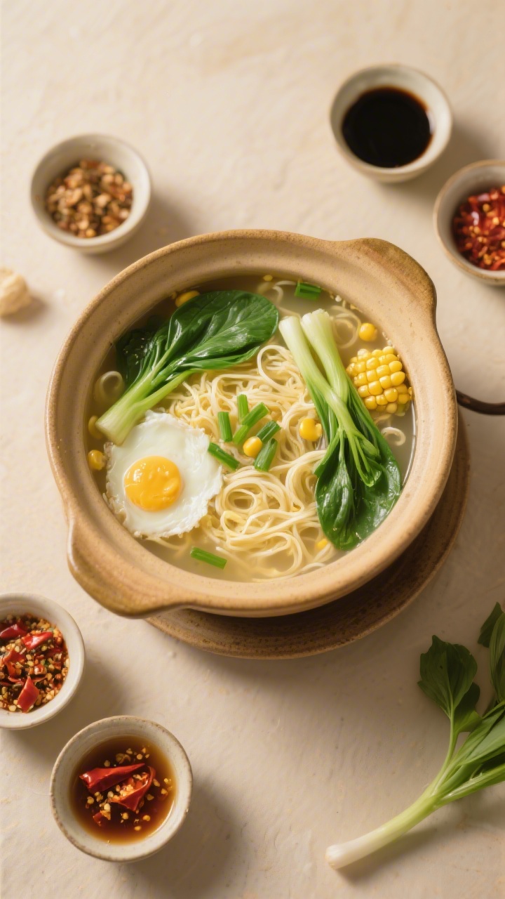 Overhead “tasty top view”: Top-down shot of a family-style pot of finished egg drop soup surroun