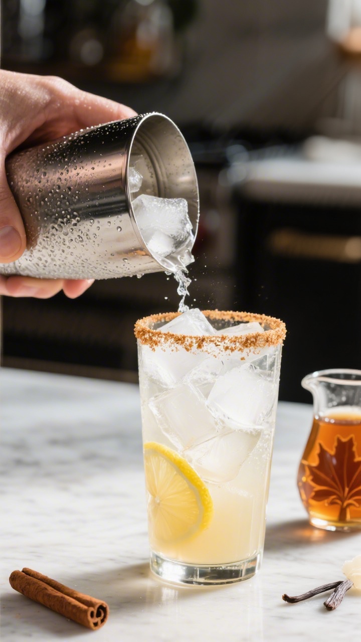 Process action shot showing the “Shake until chilled” step: cocktail shaker opened to reveal ice