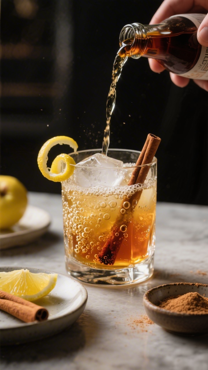 Process moment: The built-in-glass stage before the final stir—bourbon, apple cider, lemon juice, 