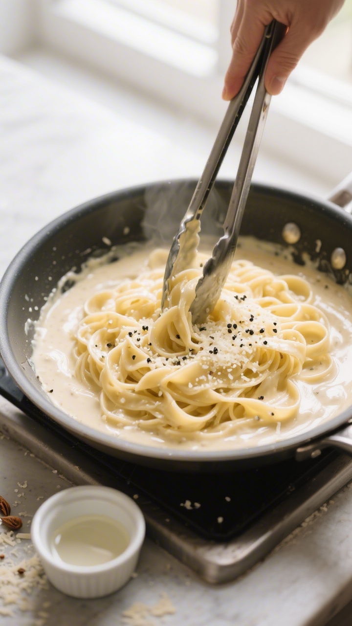 Sauce in action — Creamy Parmesan Alfredo: Overhead shot of silky Alfredo sauce in a wide sauté p