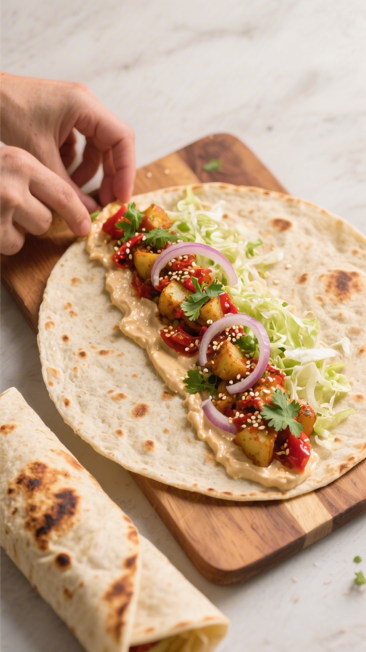 Tasty top view, assembly moment: Overhead shot of a warm roti laid on a wooden board with a neat lin