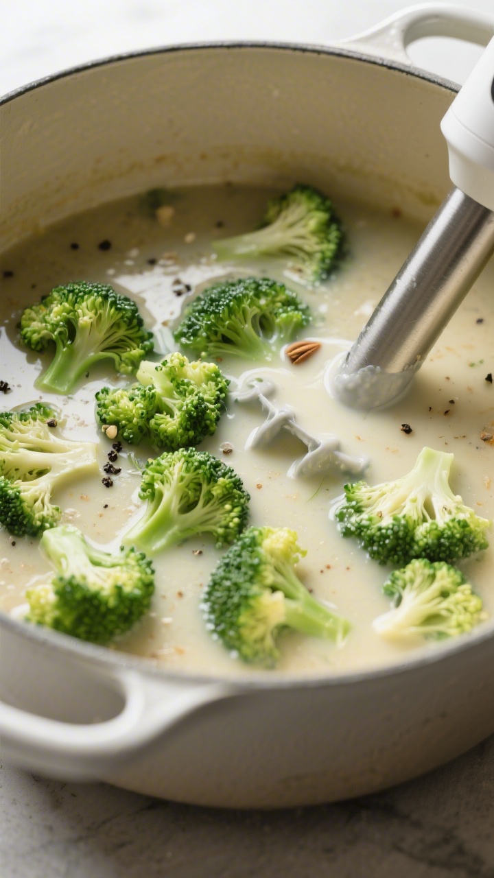 Tasty top view, mid-cook stage: Overhead shot of the soup gently simmering after broth and milk are 