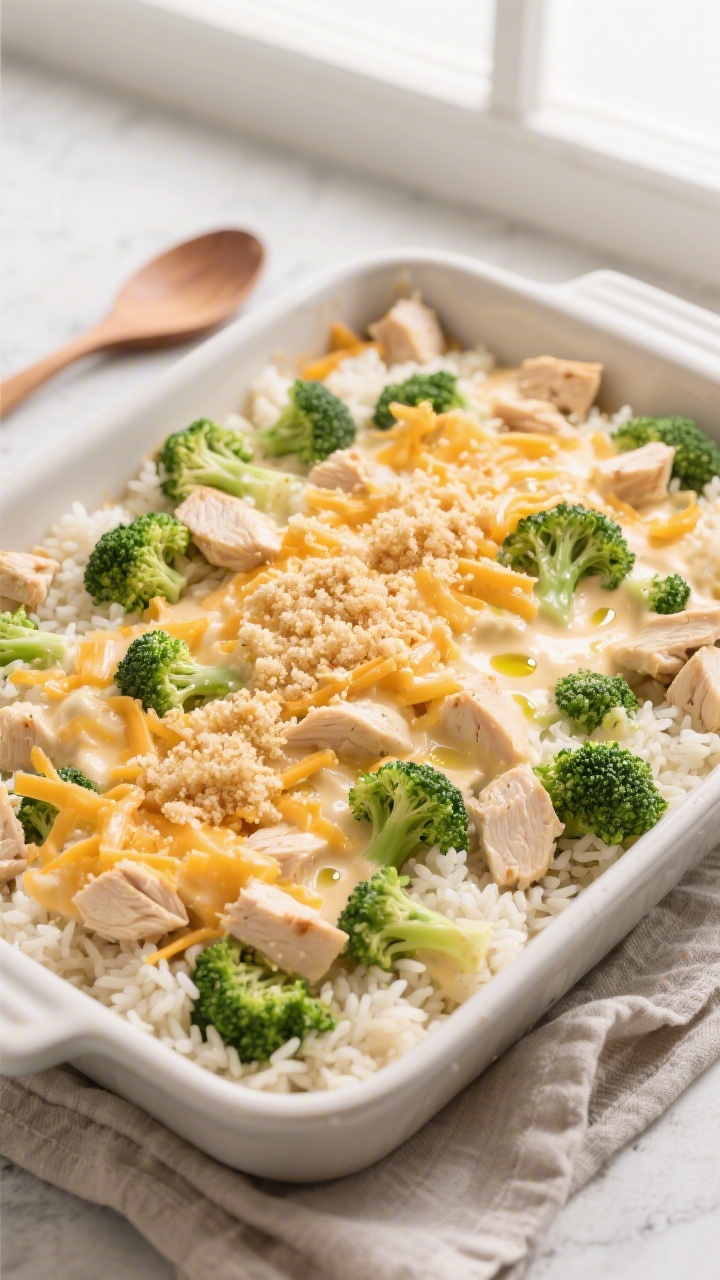Tasty top view, overhead assembly: Overhead shot of the casserole mixture just transferred to a 9x13