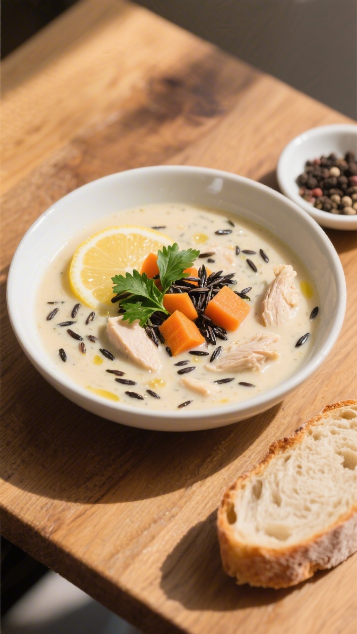 Tasty top view, overhead: Overhead shot of creamy chicken and wild rice soup ladled into a matte whi