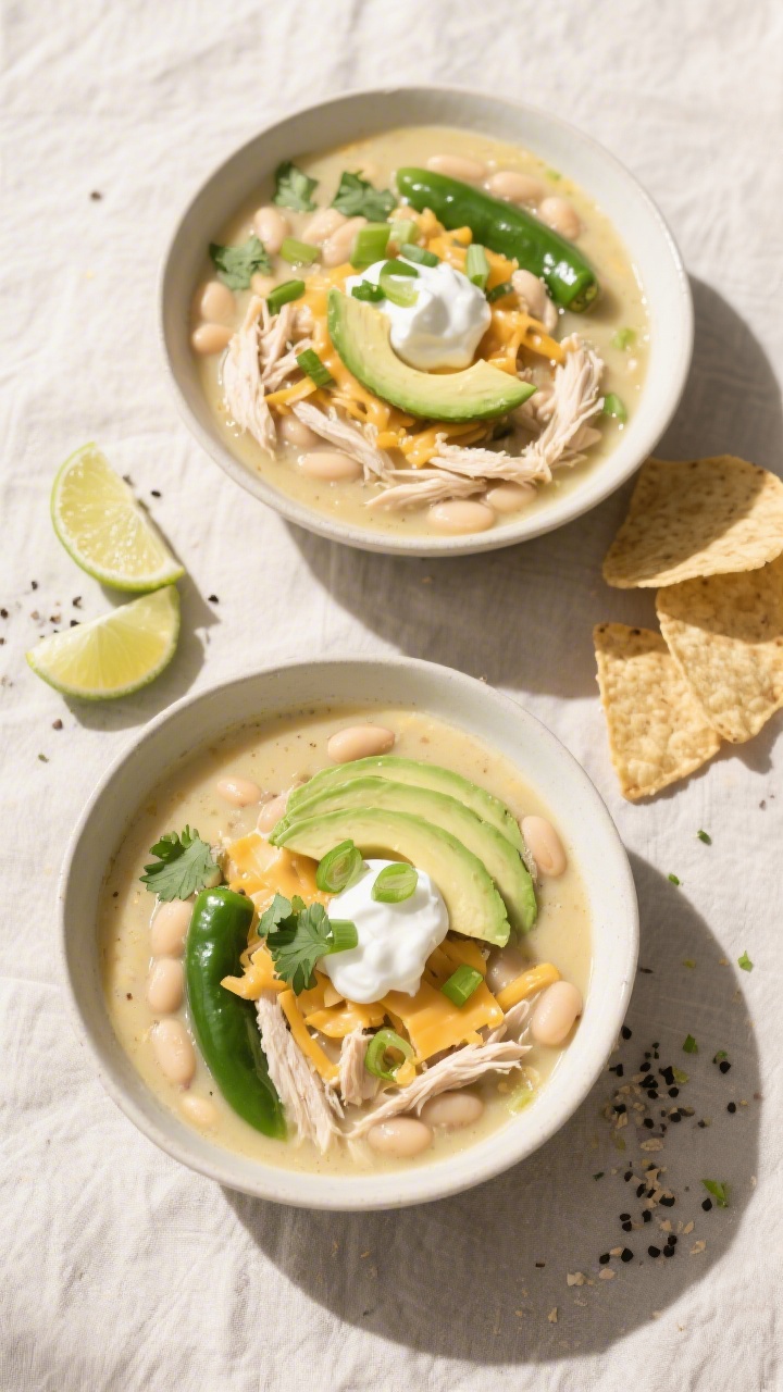Tasty top-view overhead: Overhead shot of Easy White Chicken Chili ladled into two wide, shallow bow
