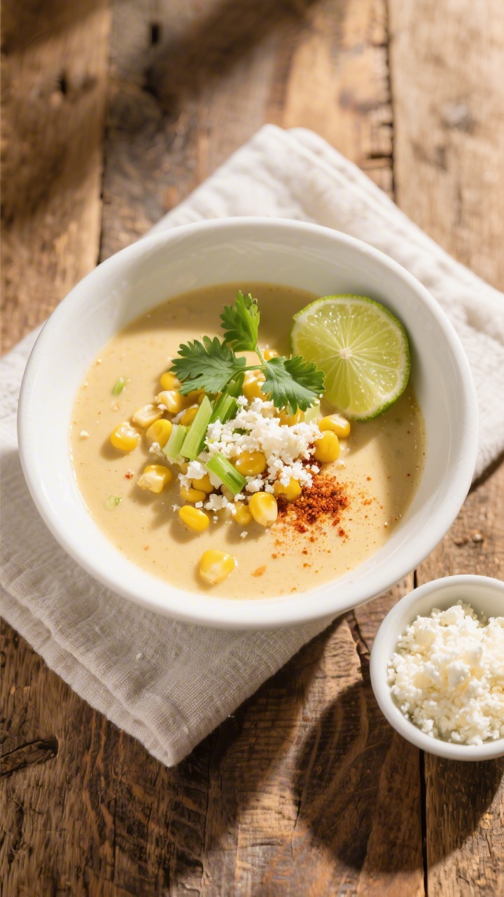 Tasty top view, overhead: Overhead shot of finished Elote soup in a wide, white bowl, showing a silk