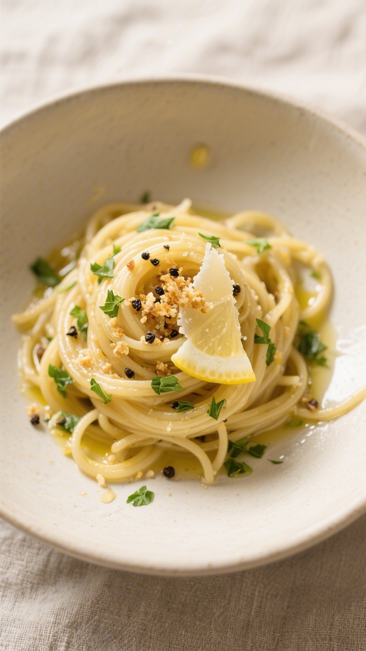 Tasty top view: Overhead shot of a finished bowl of spaghetti aglio e olio, noodles twirled into nes