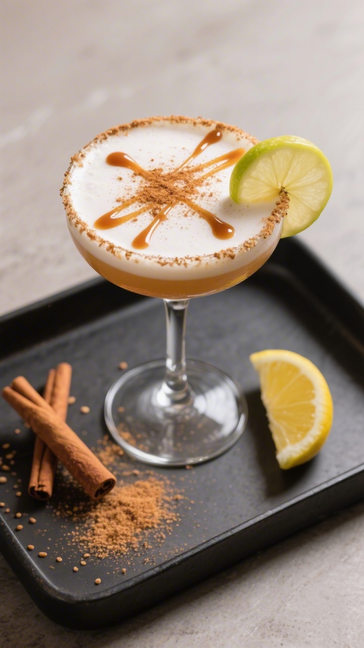 Tasty top view: Overhead shot of a finished Caramel Apple Cider Martini with a satin-frothy top, del