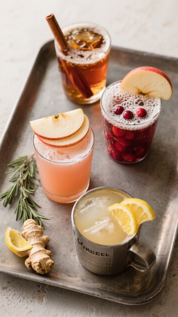 Tasty top view: Overhead shot of a finished Ginger Beer Apple Cider Cocktail flight—three variatio