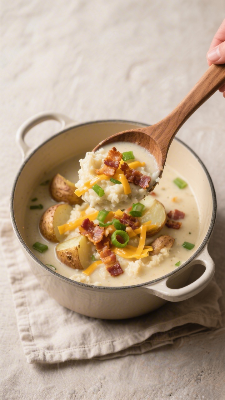 Tasty top view: Overhead shot of a ladle hovering above the pot, lifting a hearty scoop of creamy lo