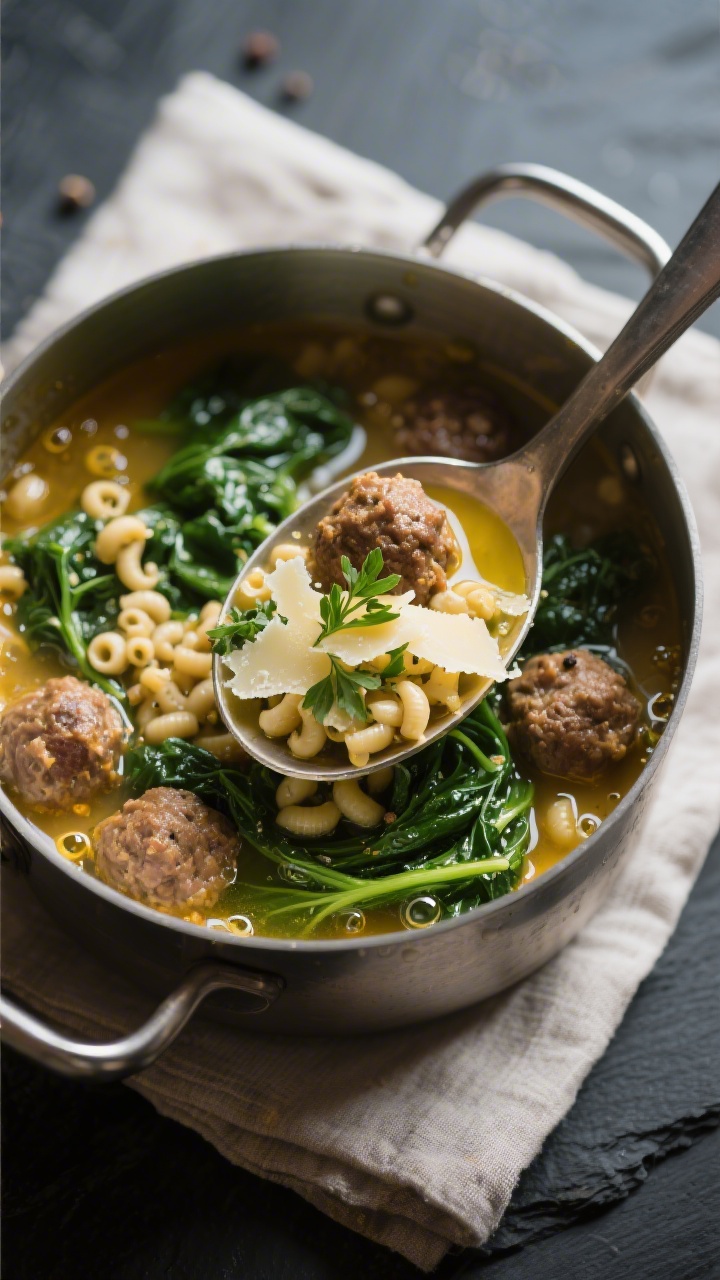 Tasty top view: Overhead shot of a ladleful pulled from the pot, showing a balanced mix of bite-size