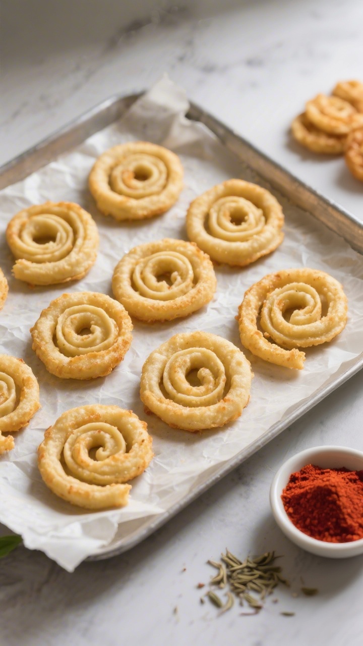 Tasty top view: Overhead shot of a parchment-lined tray holding neatly piped, uncooked chakli spiral