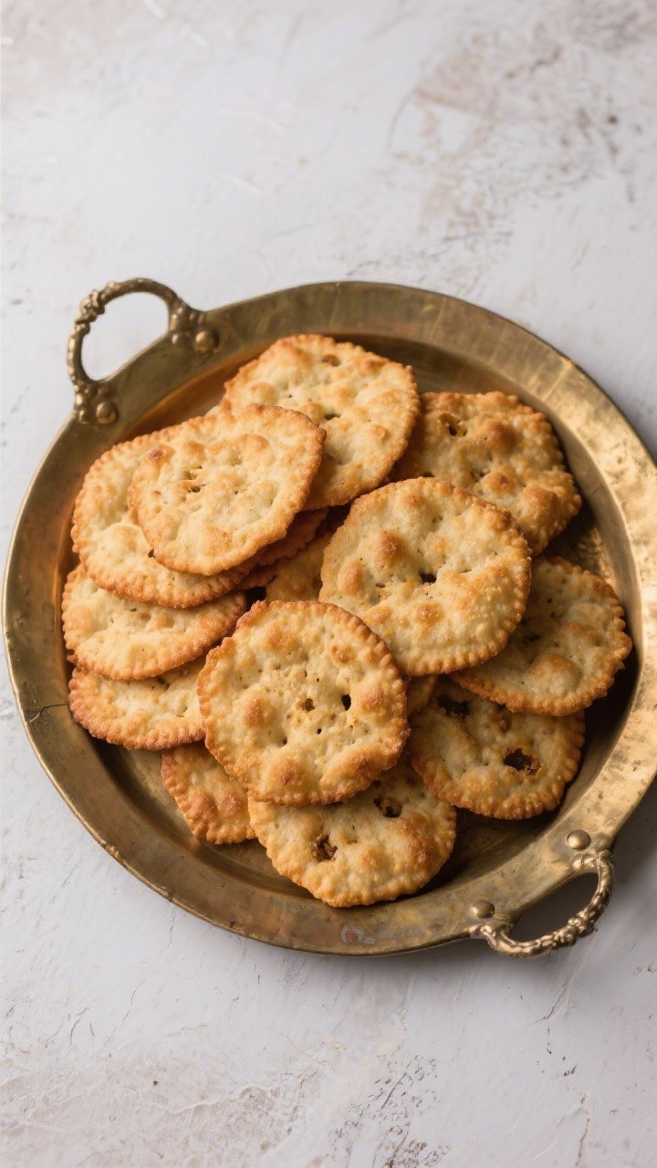 Tasty top view: Overhead shot of a rustic brass plate piled with perfectly fried mathri (2–