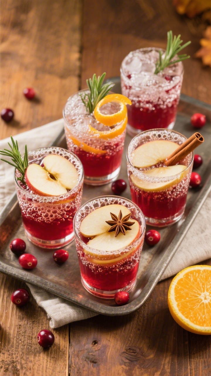 Tasty top view: Overhead shot of a small tray set with 4 prepared Cranberry Apple Cider Spritzes, ea