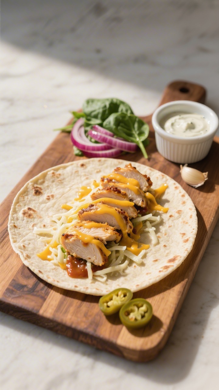 Tasty top view: Overhead shot of a tortilla assembly on a wooden board—warm flour tortilla with a 
