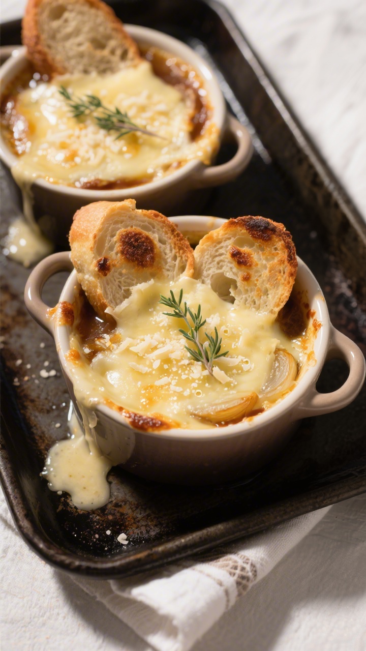 Tasty top view: Overhead shot of broiler-finished French onion soup in oven-safe crocks, molten Gruy