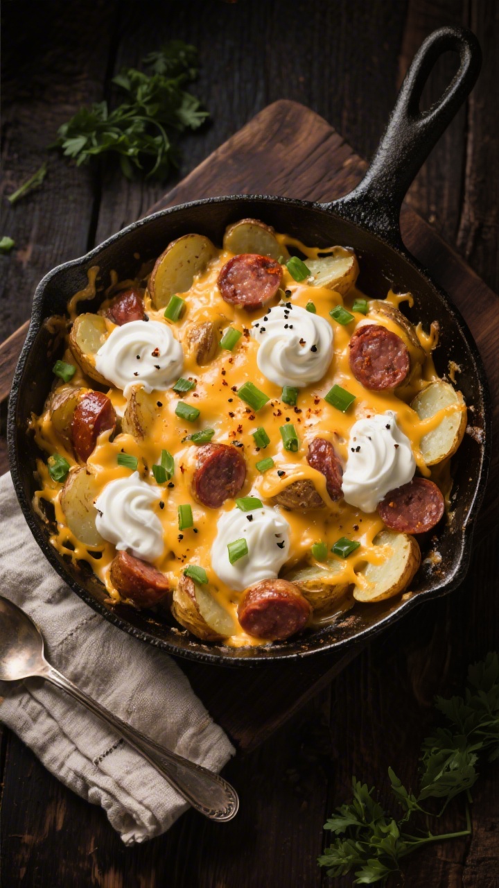 Tasty top view: Overhead shot of Cheesy Ranch Potatoes and Smoked Sausage just finished in the skill