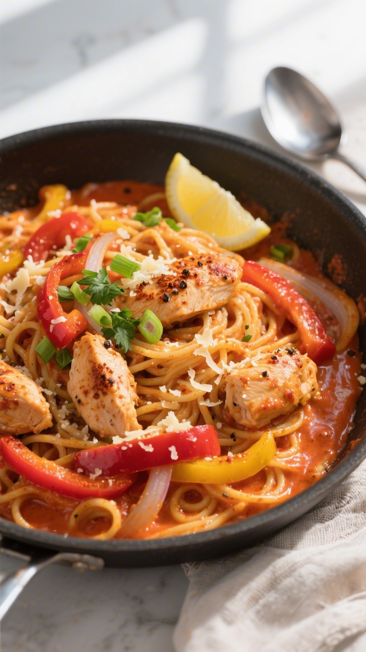 Tasty top view: Overhead shot of creamy Cajun chicken spaghetti in a wide, shallow skillet—silky o