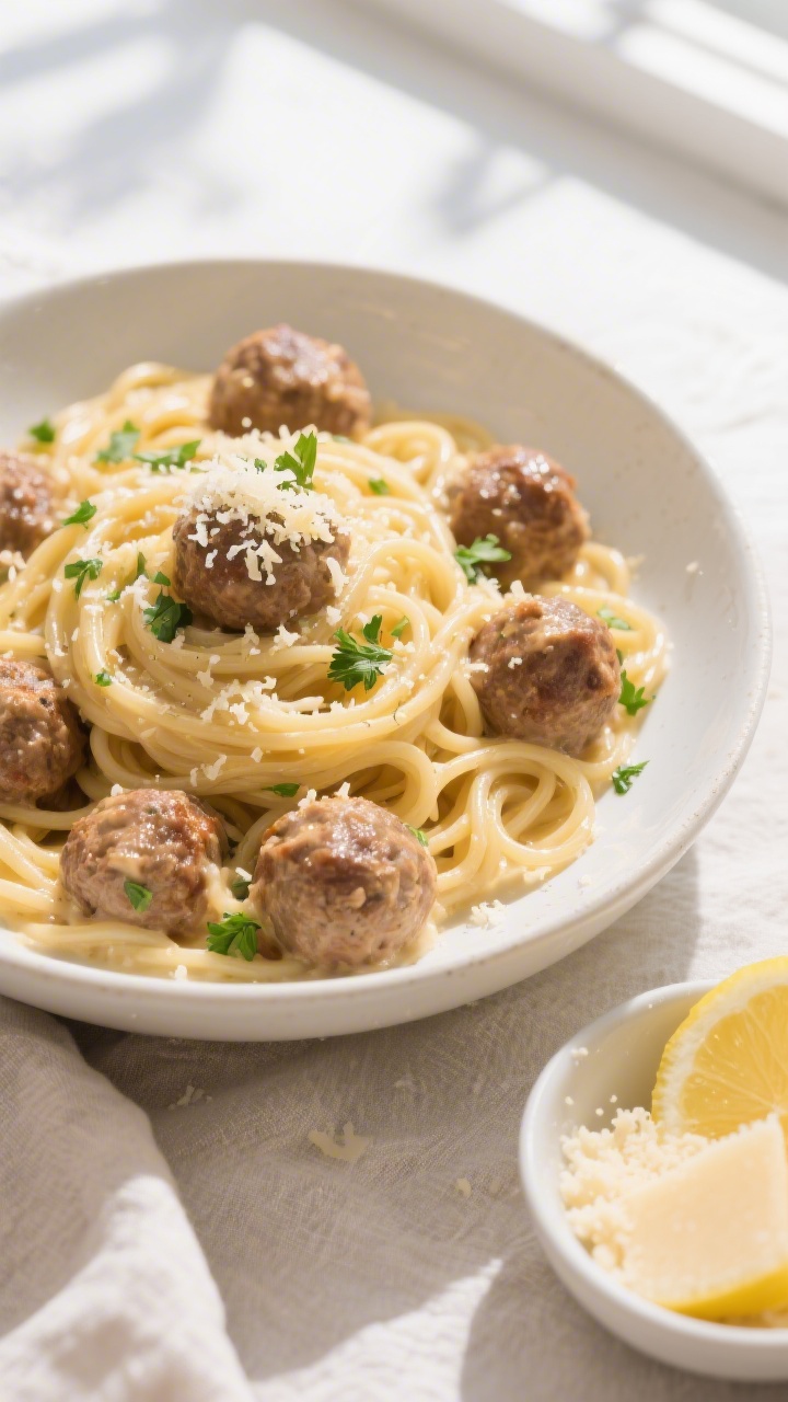 Tasty top view: Overhead shot of creamy spaghetti with meatballs just tossed in the silky sauce, eve