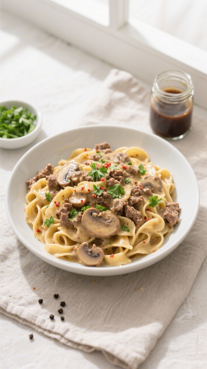 Tasty top view: Overhead shot of egg noodles tossed in creamy ground beef mushroom stroganoff, the s