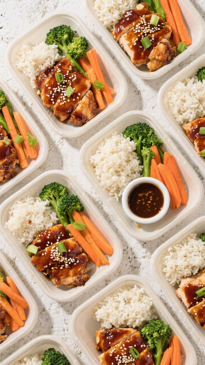 Tasty top view: Overhead shot of meal-prep containers arranged grid-style, each with a neat portion 