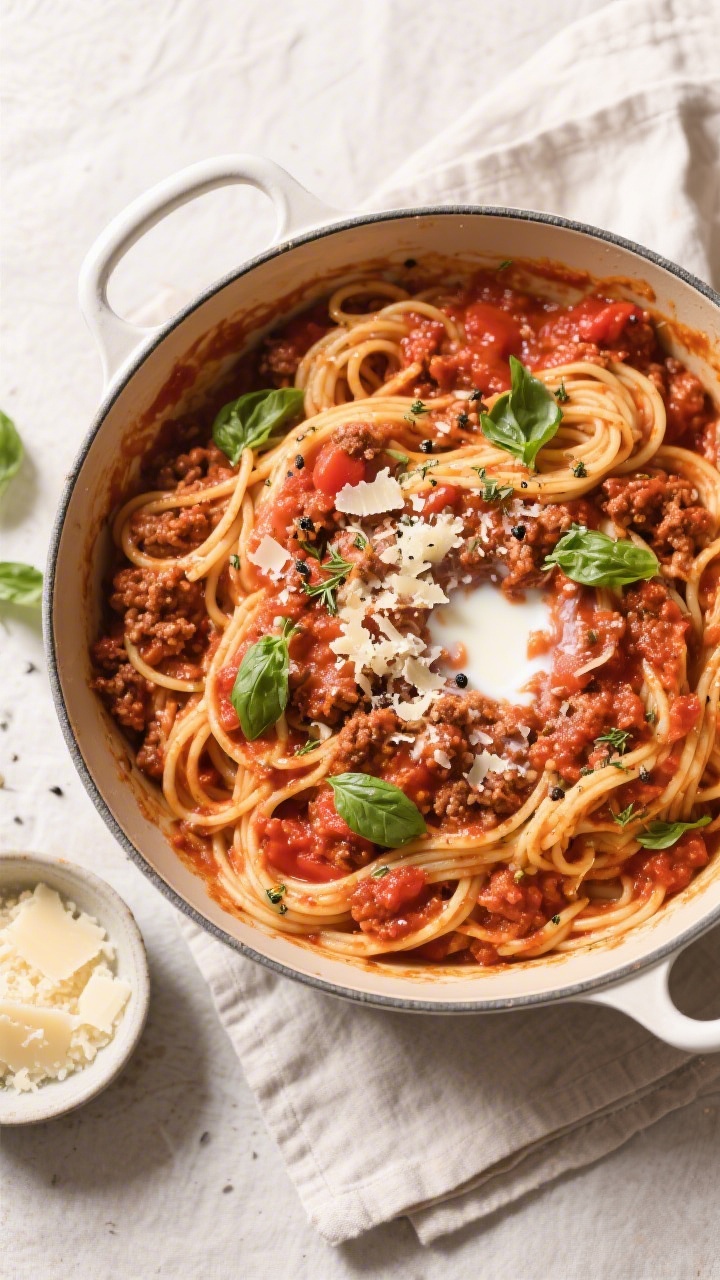 Tasty top view: Overhead shot of one-pot spaghetti bolognese just off the heat, sauce thick and bric