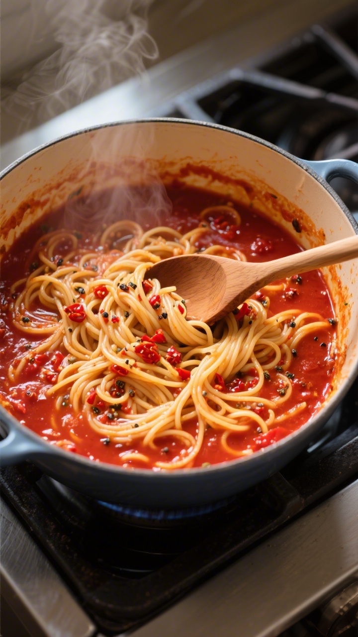 Tasty top view: Overhead shot of one-pot spaghetti simmering in rich marinara-broth sauce, spaghetti