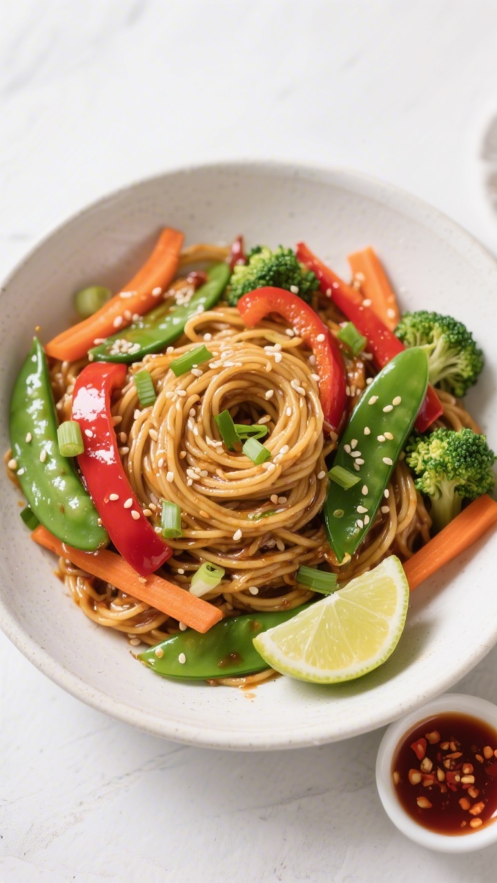 Tasty top view: Overhead shot of Quick Asian Stir-Fry Spaghetti twirled into nests in a wide, matte-