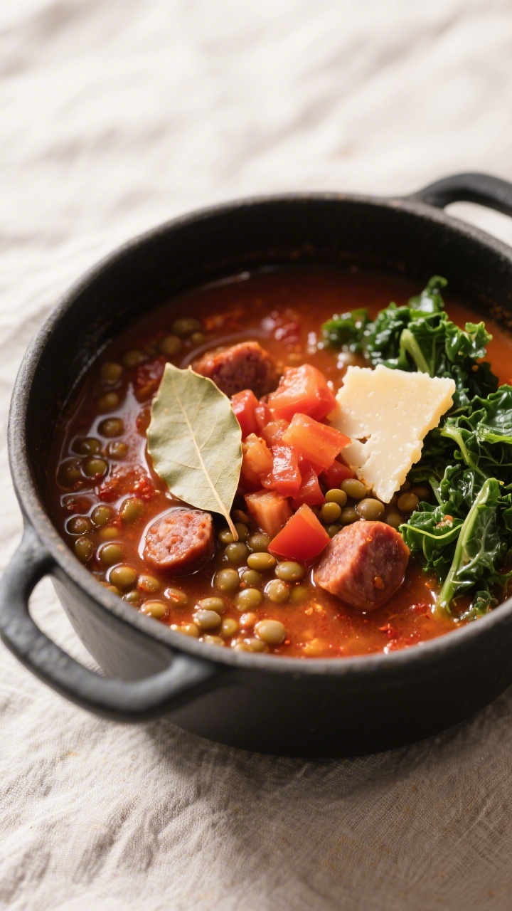 Tasty top view: Overhead shot of spicy sausage and lentil soup at a lively simmer—lentils suspende