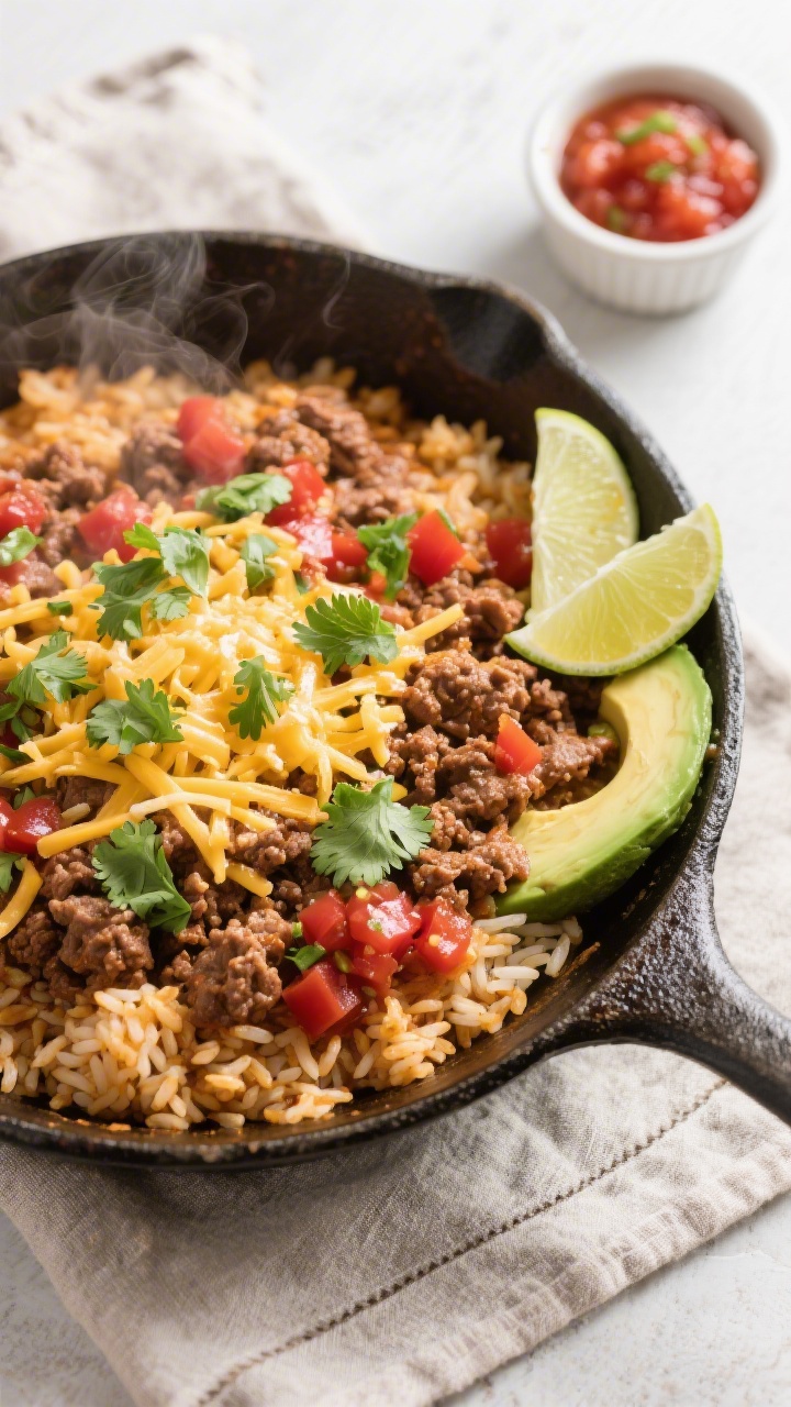 Tasty top view: Overhead shot of the finished 3-Ingredient Ground Beef, Salsa, and Rice skillet, eve
